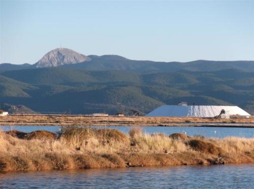 Salt plains Kalloni and Mount Olympos on Lesvos